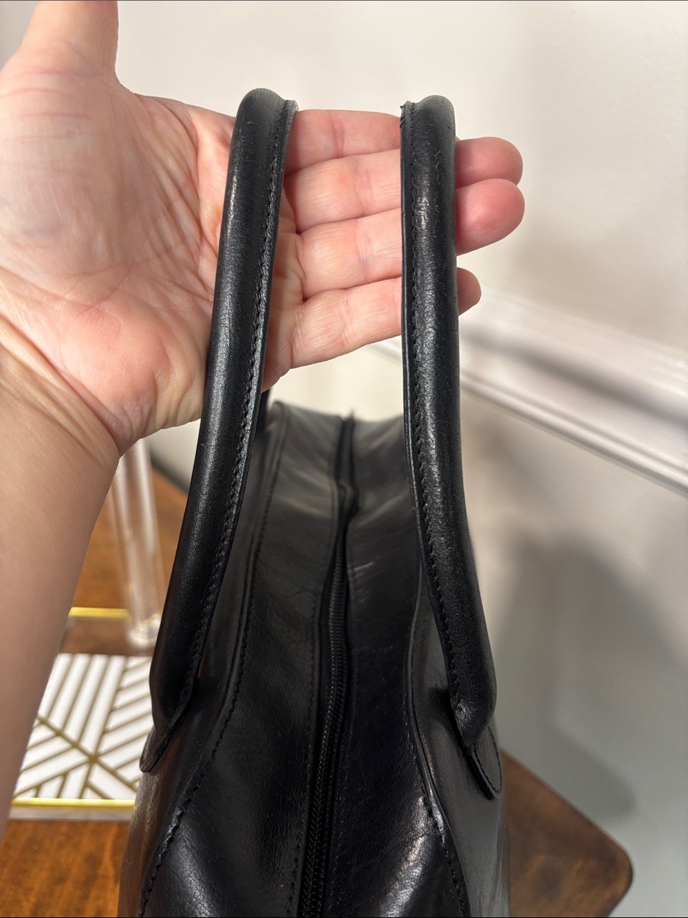 WILSON’S LEATHER Smooth Black Leather Double Top-Handle Satchel with Twilly- EUC - Picture 5 of 16